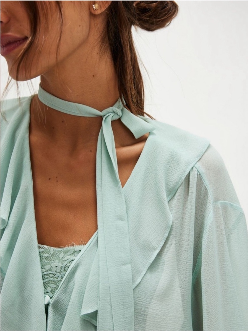 Free People Mint Green Dreamland Ruffle Sheer Solid Tie Sash Tunic Top Small - Picture 5 of 8